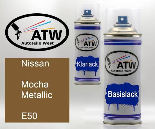 Nissan, Mocha Metallic, E50: 400ml Sprühdose + 400ml Klarlack - Set, von ATW Autoteile West.